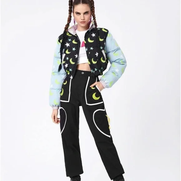 Star Moon Color-block Cropped Puffer Jacket Coat - Picture 8 of 11